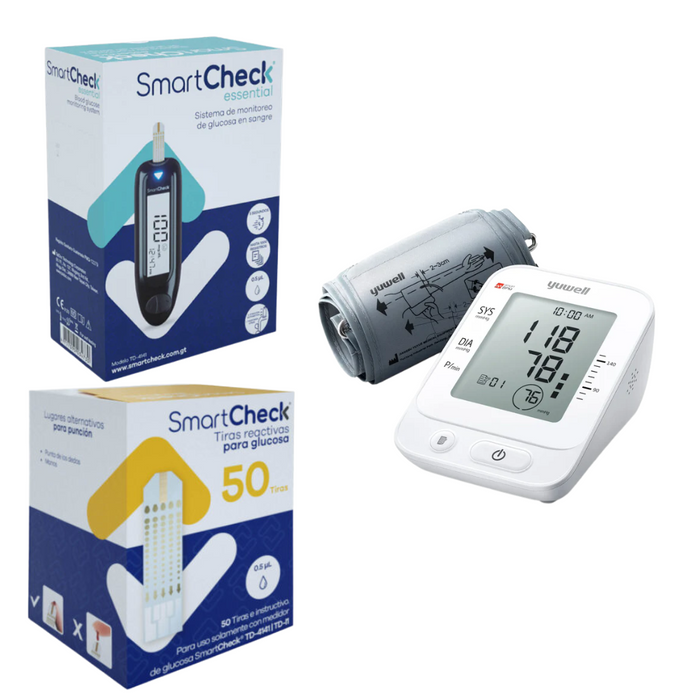 Glucómetro essential + tiras + medidor de presión (Combo control )
