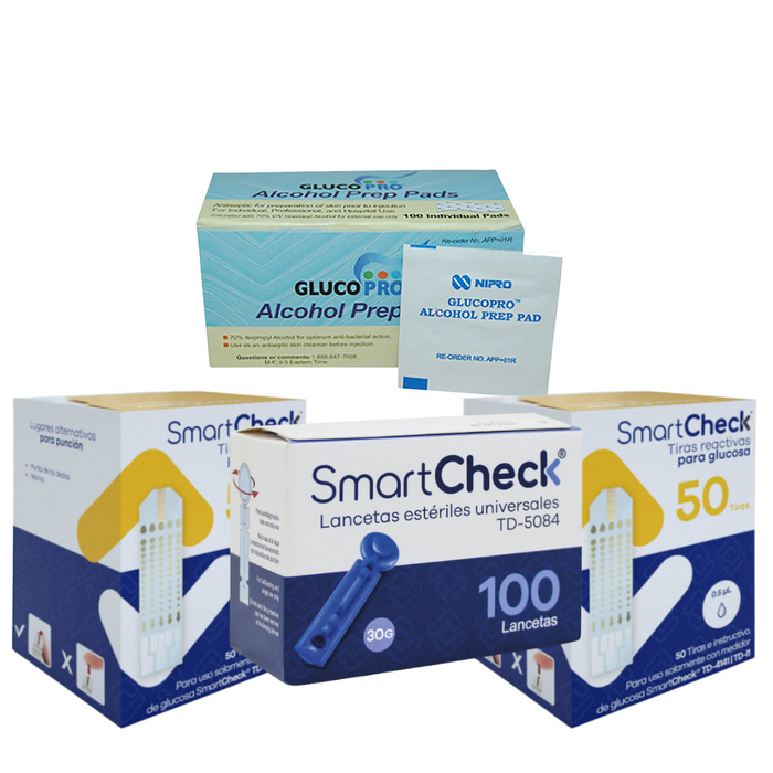 2 cajas de tiras smartcheck + 1 caja de lancetas + 1 caja de toallitas de alcohol