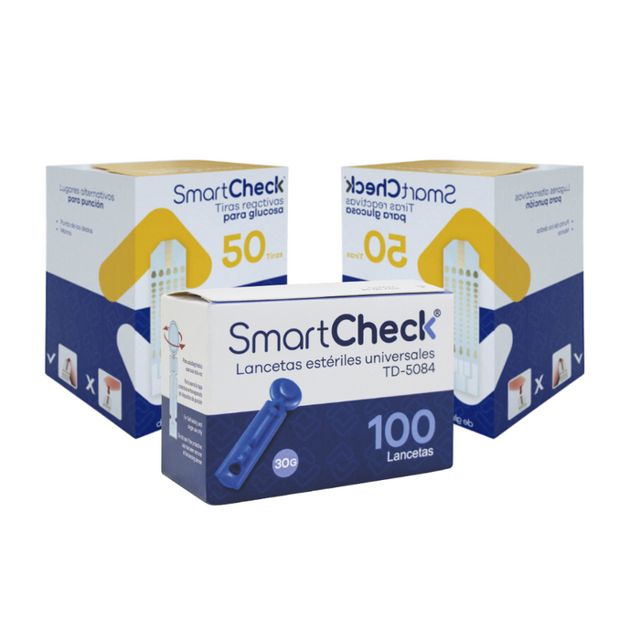 2 Cajas de Tiras Reactivas De Glucosa O Tiras Para Medir Azúcar En Sangre, Smartcheck + Lancetas universales 30G (caja de 100 uni)