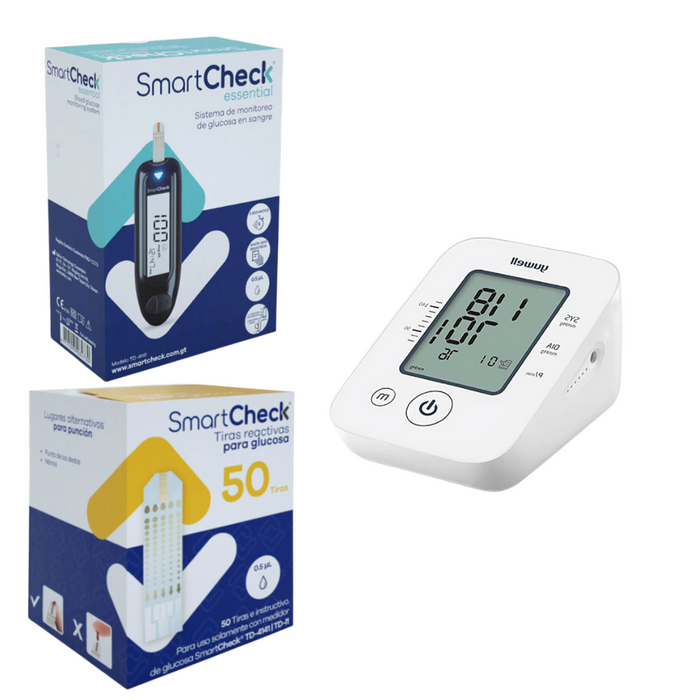 Glucómetro essential + tiras + medidor de presión (Combo control)