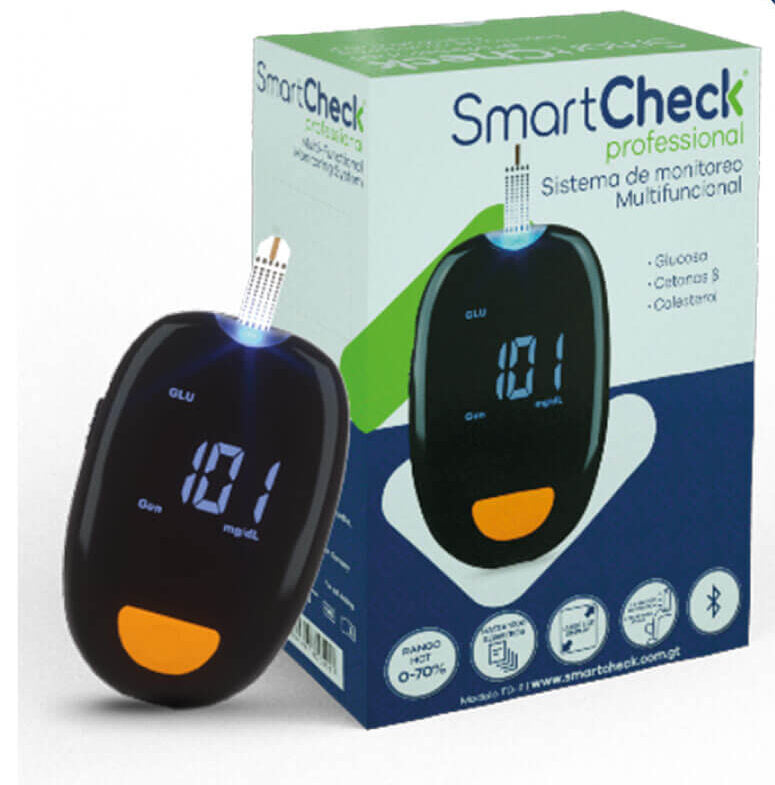 Medidor de glucosa o azúcar, colesterol y cetonas en sangre, glucómetro Smartcheck Professional