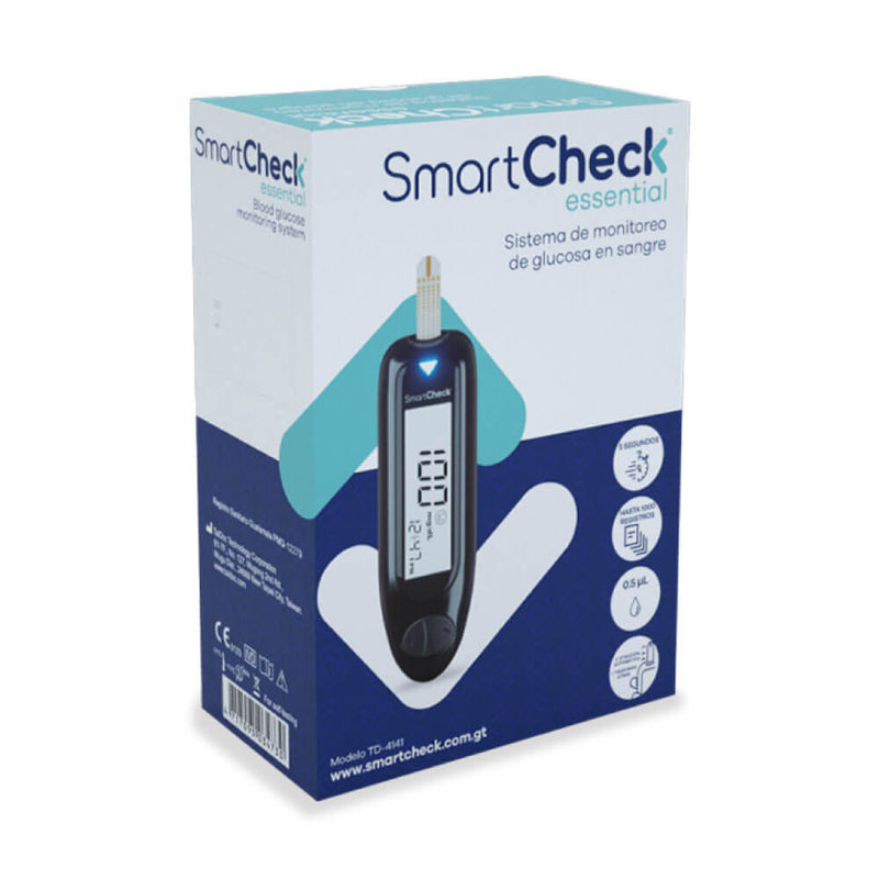 Medidor de glucosa o azúcar en sangre, glucómetro Smartcheck Essential